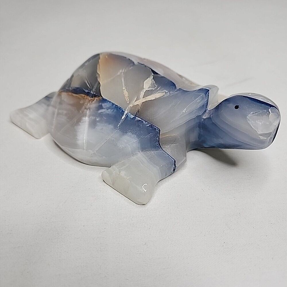 Pieced Carved Stone Turtle Paperweight 6.25in x 4.5in x 2in Blue Brown White